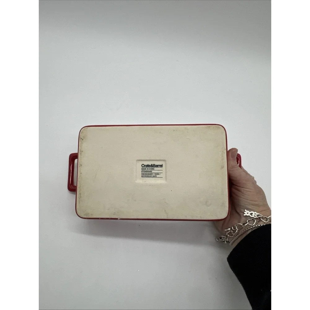 Crate & Barrel Stoneware Mini Casserole Baking Pan Dish Handles Red White Small